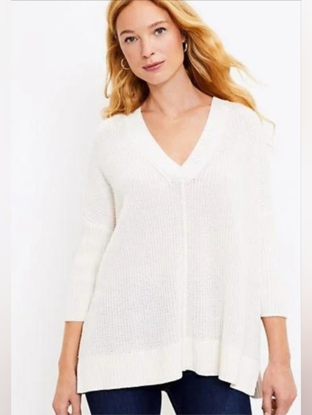 NWT LOFT Cream Ribbed Knit V-Neck Tunic Sweater Size Medium Cotton